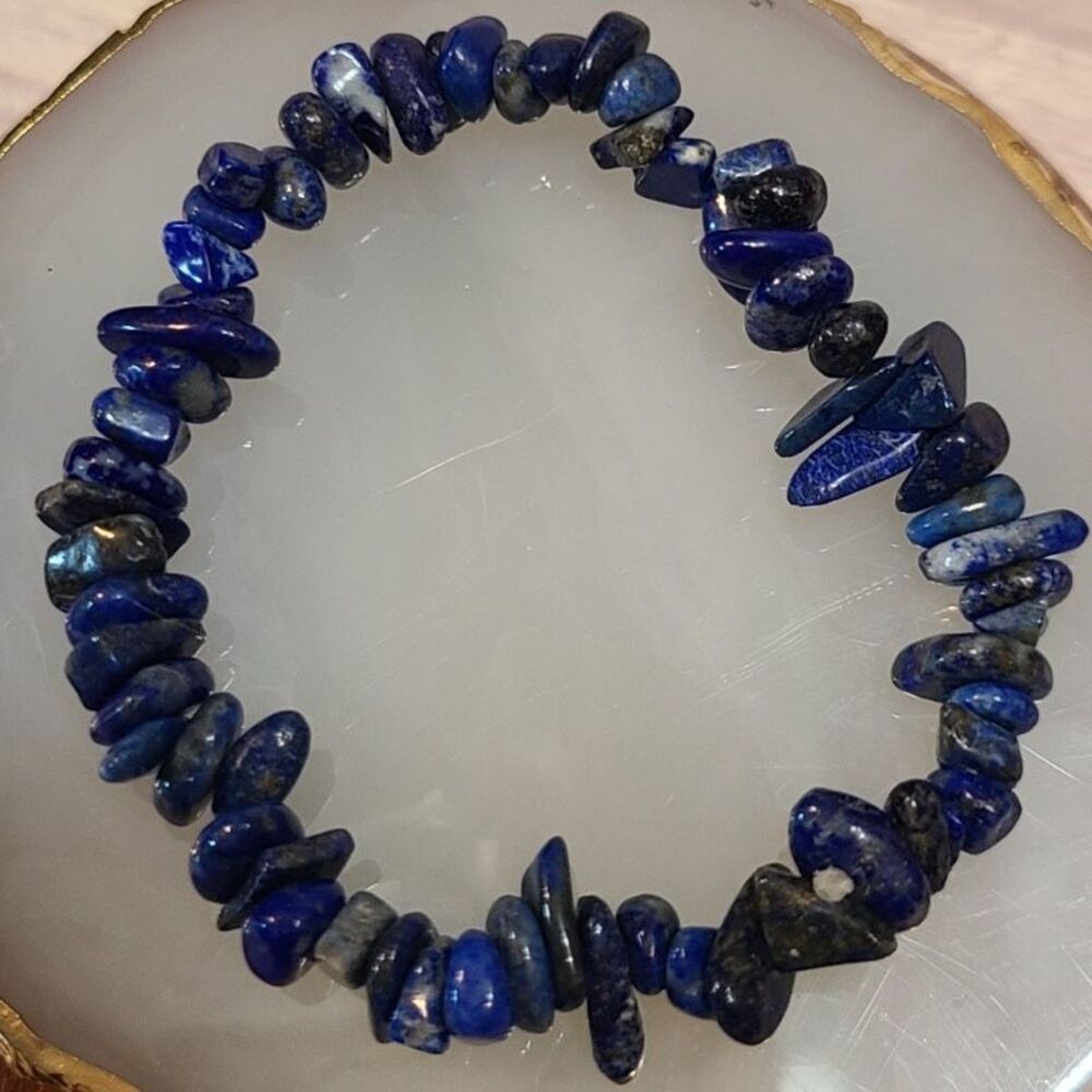 Natural Lapis Lazuli Gemstone Chip Stretch Bracelet 7" Blue Crystal Healing Boho